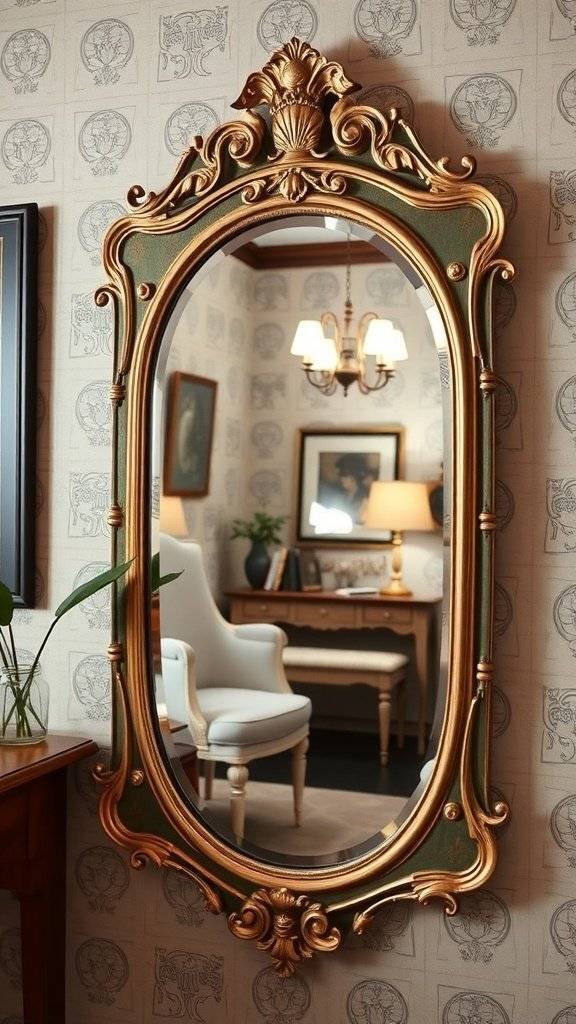 A vintage-inspired ornate mirror with a golden frame and green accents, reflecting a cozy room.