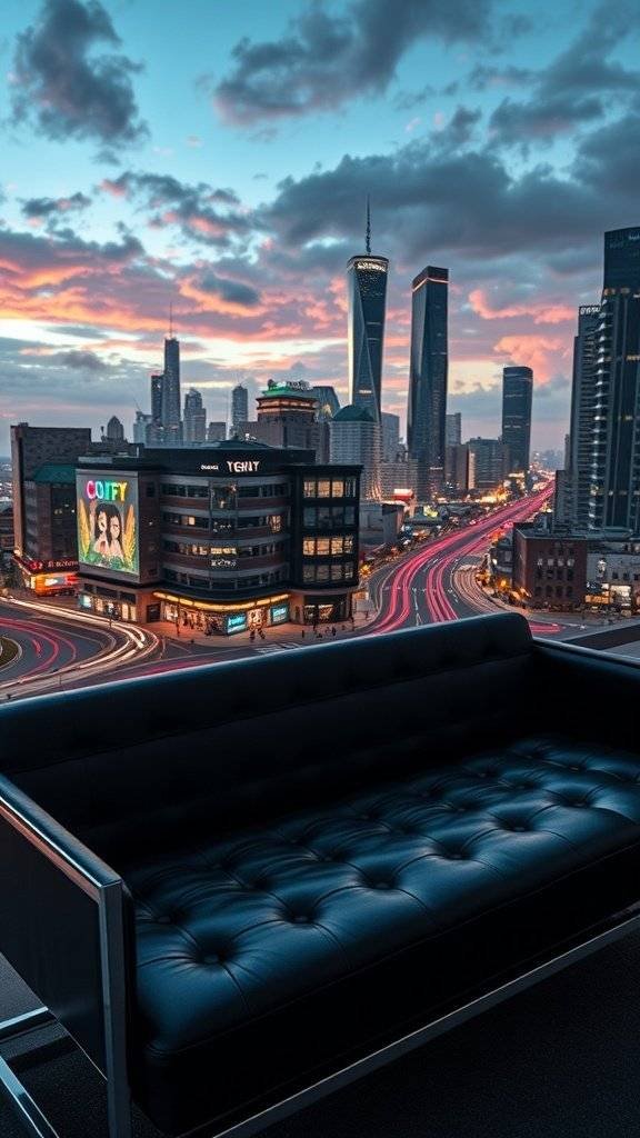 A sleek black leather couch overlooking a vibrant city skyline at sunset.