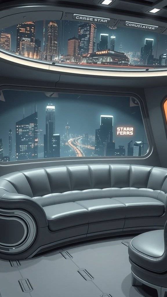 A futuristic sofa with a sleek design, set against a vibrant city skyline.