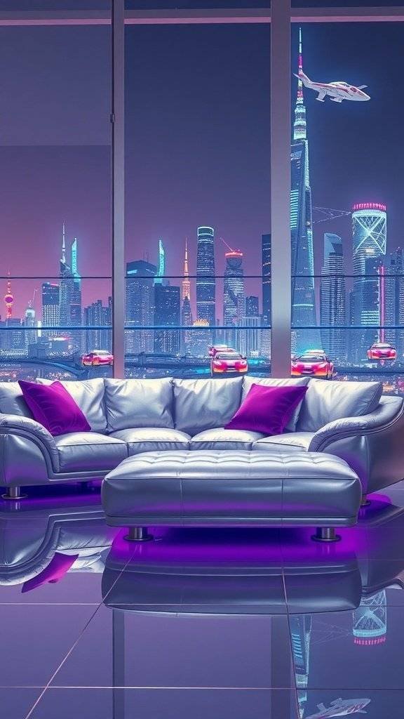 A futuristic sectional sofa with silver upholstery and purple accents, set against a neon-lit city skyline.