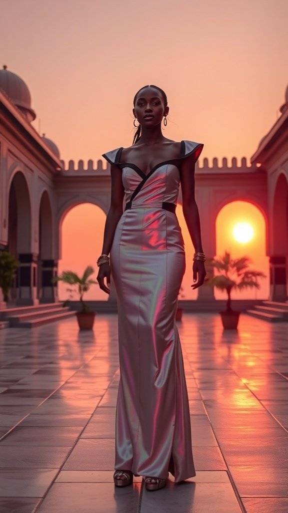 A model in a metallic gown standing confidently against a sunset backdrop, embodying Y2K fashion.