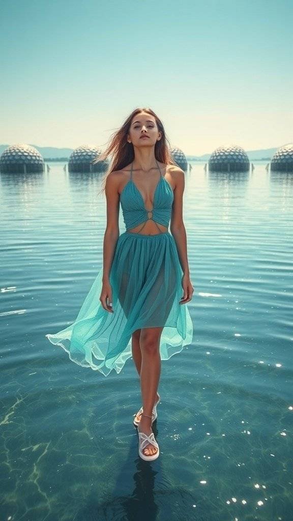 A model in a flowing aqua dress walking through a lagoon, embodying Y2K Fashion.