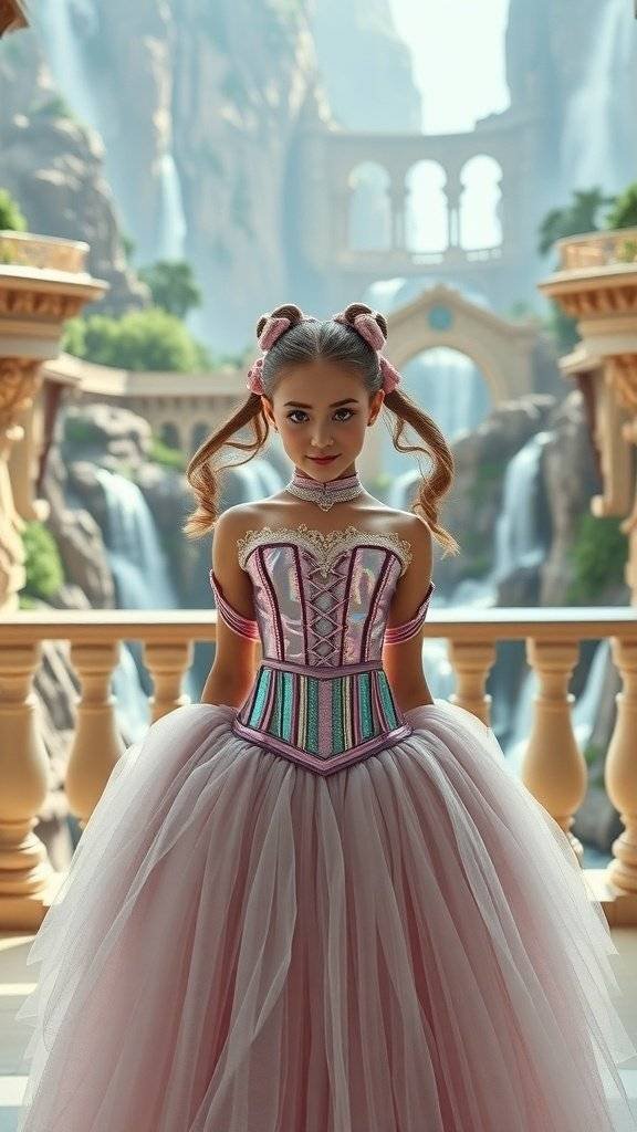 A young girl in a pink tulle gown inspired by Padmé Amidala's style, set against a backdrop of waterfalls and grand architecture.