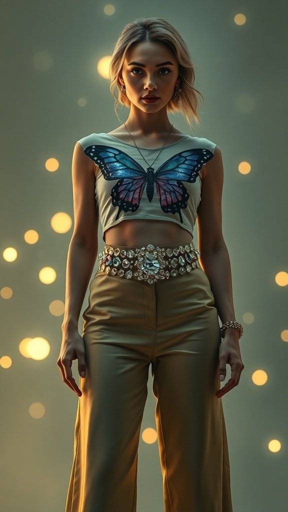 A model wearing a crop top with a butterfly design and shiny high-waisted pants, showcasing Y2K fashion.