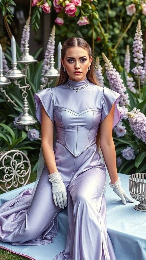 A model in a lavender gown with structured shoulders sitting in a garden surrounded by flowers and elegant decor.