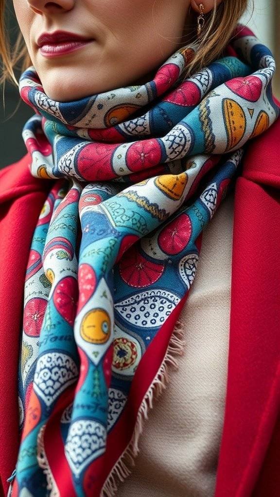 A woman wearing a colorful printed scarf with a red coat, showcasing bold patterns and vibrant colors.