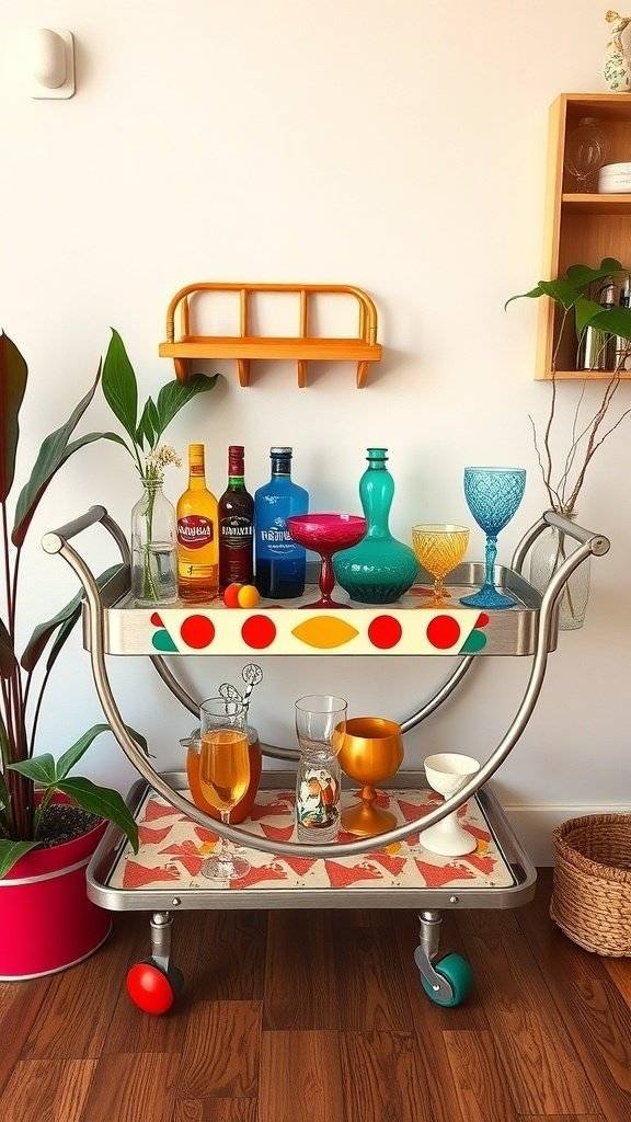 A colorful hand-painted bar cart filled with various drinks and glassware, showcasing a vibrant 1960s inspired design.
