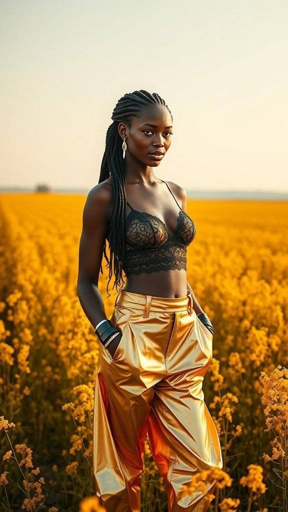 A model in a black lace crop top and shiny golden pants stands in a field of yellow flowers.
