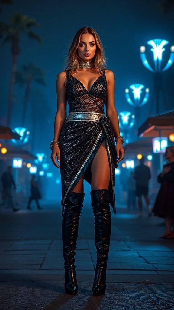 A model in a stylish Y2K fashion outfit, featuring a fitted dress with a mesh overlay and knee-high boots, set against a vibrant blue-lit background.