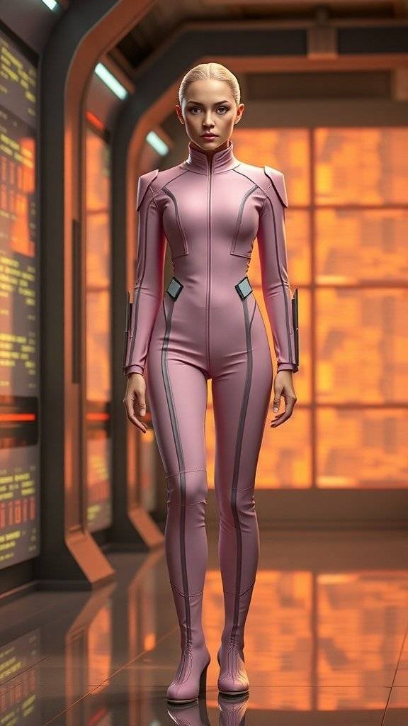 A figure in a pink bodysuit stands in a futuristic setting with glowing screens.