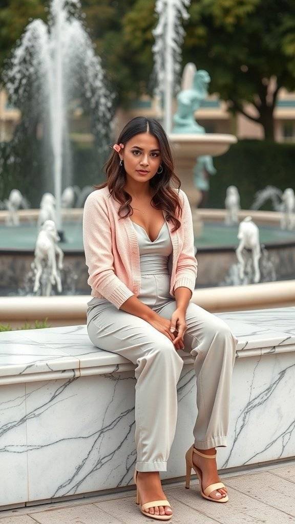 A person in a pastel outfit sitting by a fountain, embodying Y2K fashion in a serene setting.