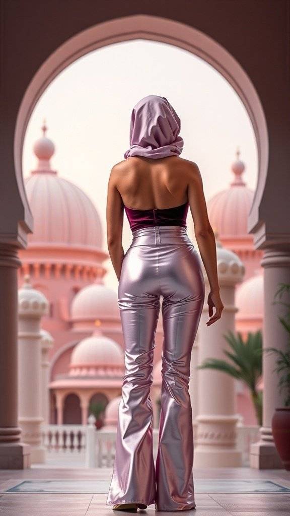 A figure in shiny pink flared pants and a sleek top stands in front of an ornate pink backdrop, embodying Y2K fashion.