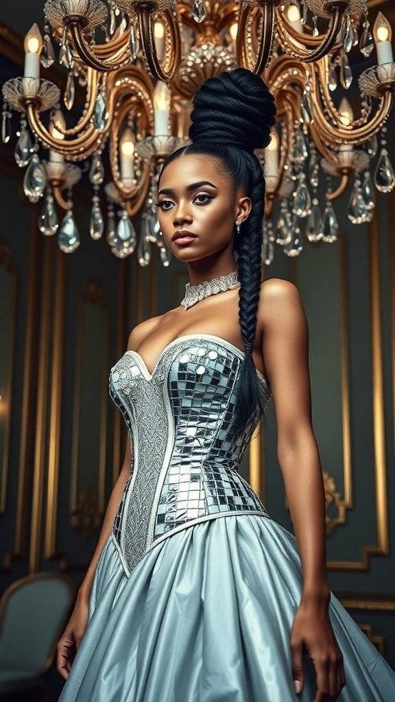 A model in a chrome corset and silver skirt, styled in Y2K fashion, posing under a chandelier.