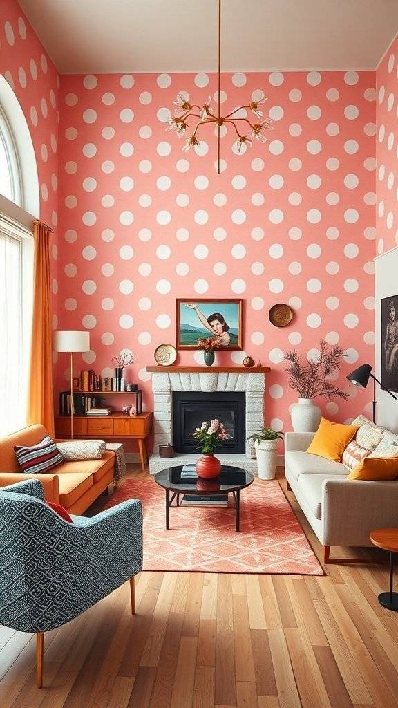 Living room with a pink polka dot accent wall, featuring 1960's themed decor.