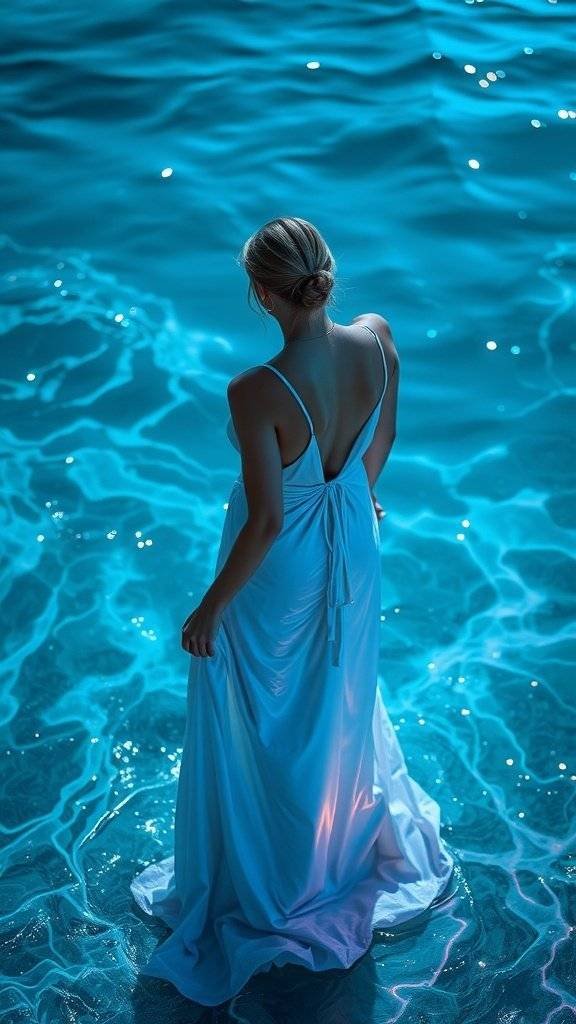 A figure in a light blue gown stands in shimmering water, reflecting a vibrant aqua hue.