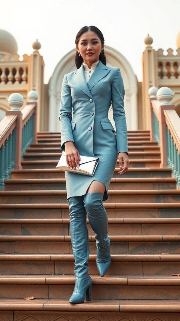 A woman in a pastel blue power suit walking down stairs, wearing knee-high boots and holding a shiny clutch.