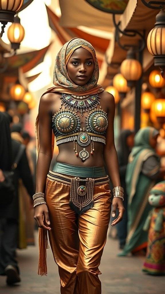 A model in a vibrant Y2K fashion outfit walking through a colorful marketplace.