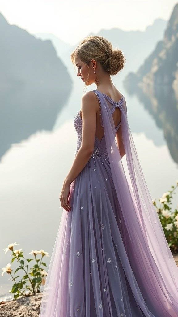 A woman in a lavender dress stands by a serene lake, surrounded by mountains.