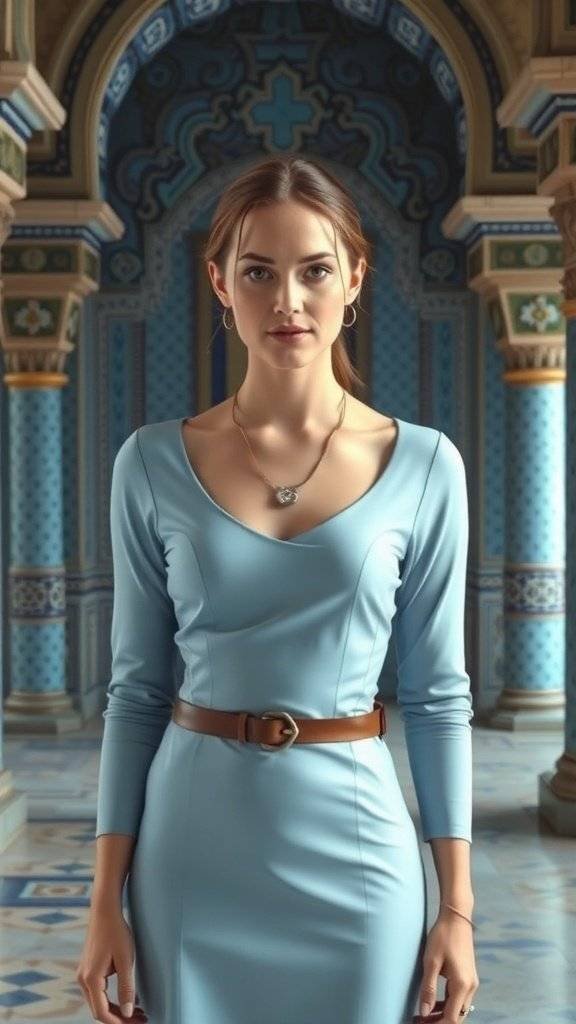 A person in a soft blue dress with a belt, standing in an ornate architectural setting.