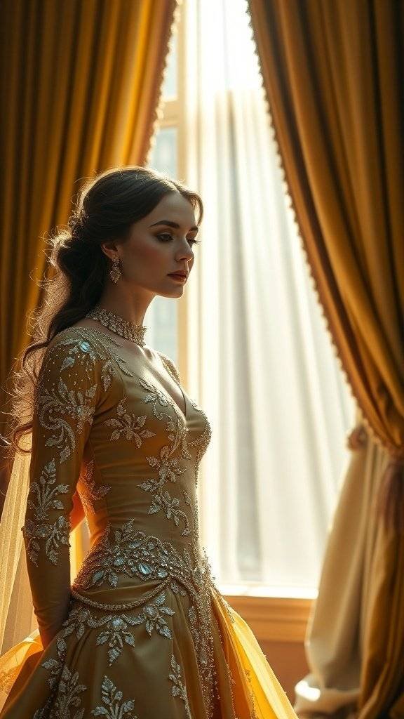 A woman in a golden gown with intricate embroidery, standing by a window with soft light filtering through curtains.