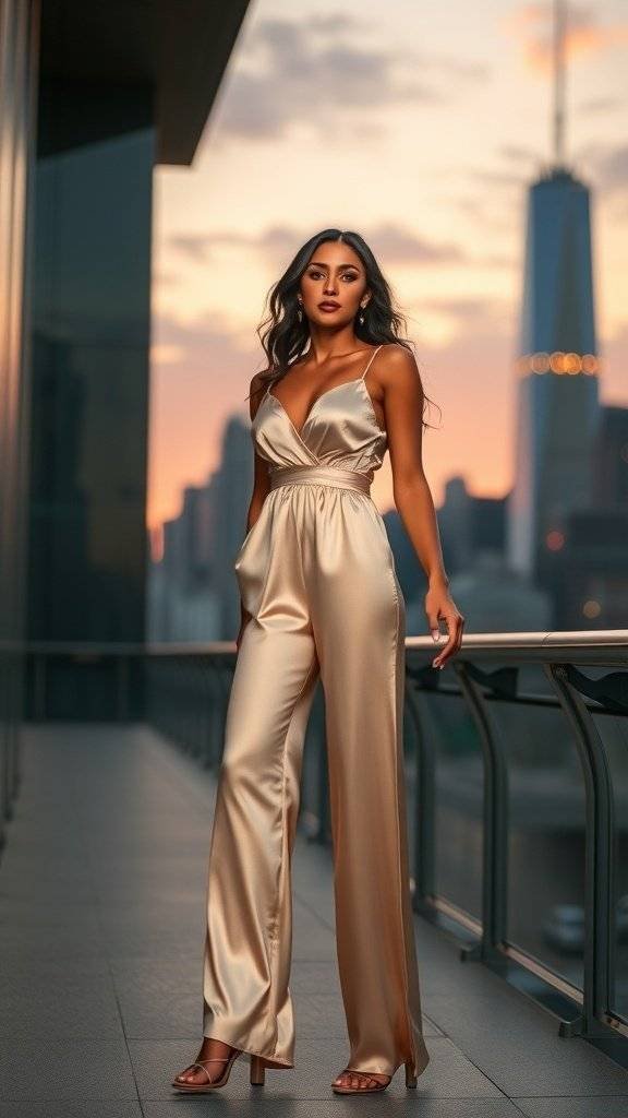 A model wearing a satin jumpsuit stands against a sunset skyline, showcasing Y2K fashion.