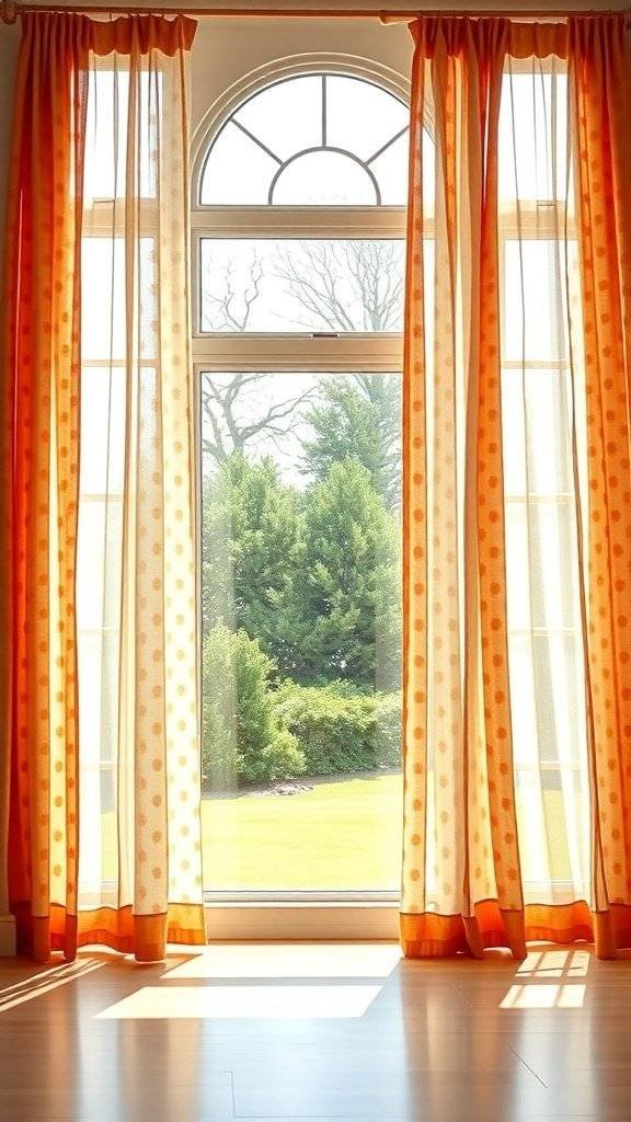 Bright orange polka dot curtains in a sunny room with a view of greenery outside.