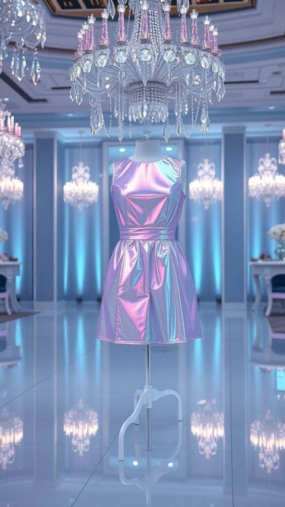 A shiny, iridescent dress displayed under elegant chandeliers in a luxurious room.