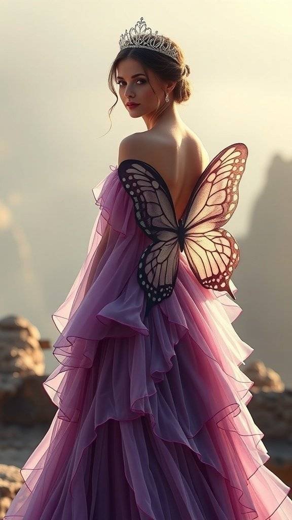 A woman in a lavender gown with butterfly wings and a crown, embodying Y2K fashion.