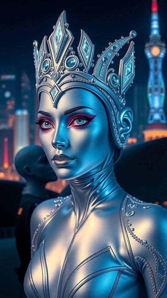 A futuristic figure with a metallic outfit and a jeweled crown, embodying Y2K fashion against a vibrant city backdrop.