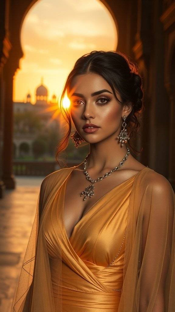 A woman in a golden dress with elegant jewelry, standing in a beautiful architectural setting at sunset.