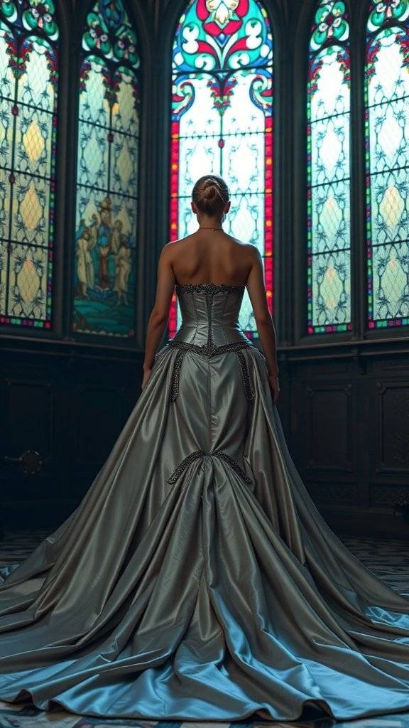 A figure in a flowing satin gown stands in front of stained glass windows, embodying Y2K fashion with a royal touch.