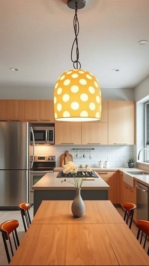 A stylish kitchen with a polka dot pendant light hanging above a wooden dining table.