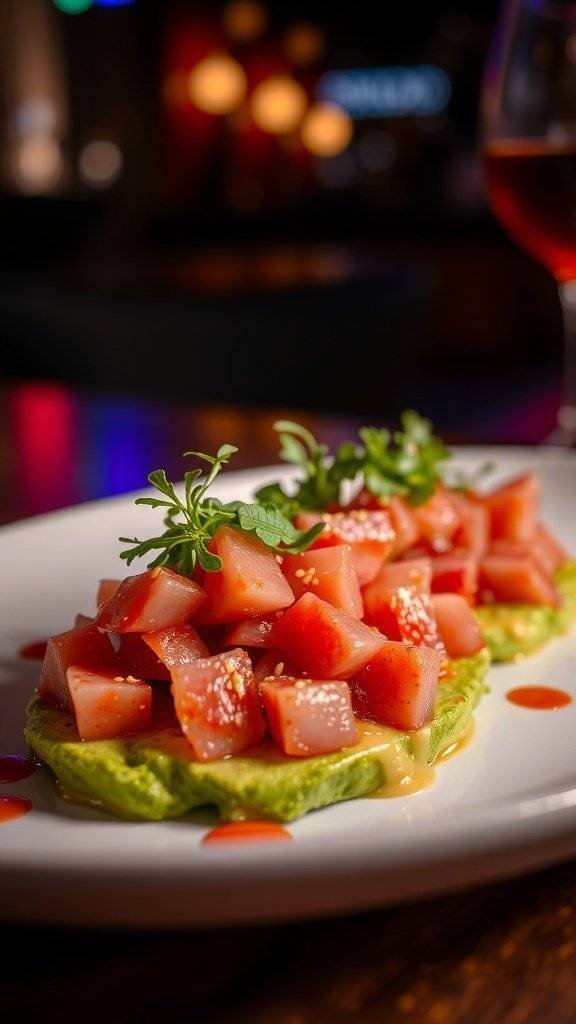 A plate of spicy tuna tartare with avocado, garnished with sesame seeds and microgreens, set against a colorful nightclub backdrop.