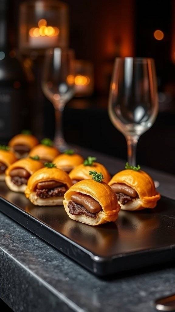 Mini Beef Wellington bites arranged on a black platter with wine glasses and candles in the background.