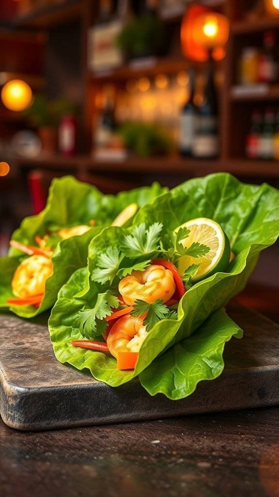 Thai shrimp lettuce wraps with fresh ingredients on a wooden board