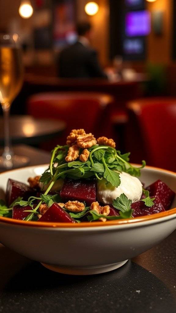 A vibrant roasted beet and goat cheese salad topped with walnuts and fresh greens, presented in a stylish bowl.