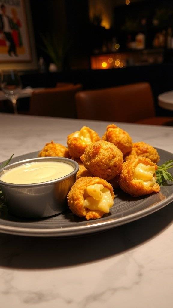 A plate of truffle mac and cheese bites with a creamy dipping sauce