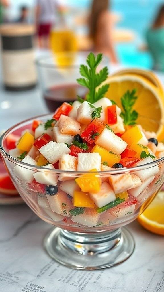 A vibrant bowl of ceviche with citrus and herbs, featuring diced fish, colorful vegetables, and garnished with fresh cilantro.