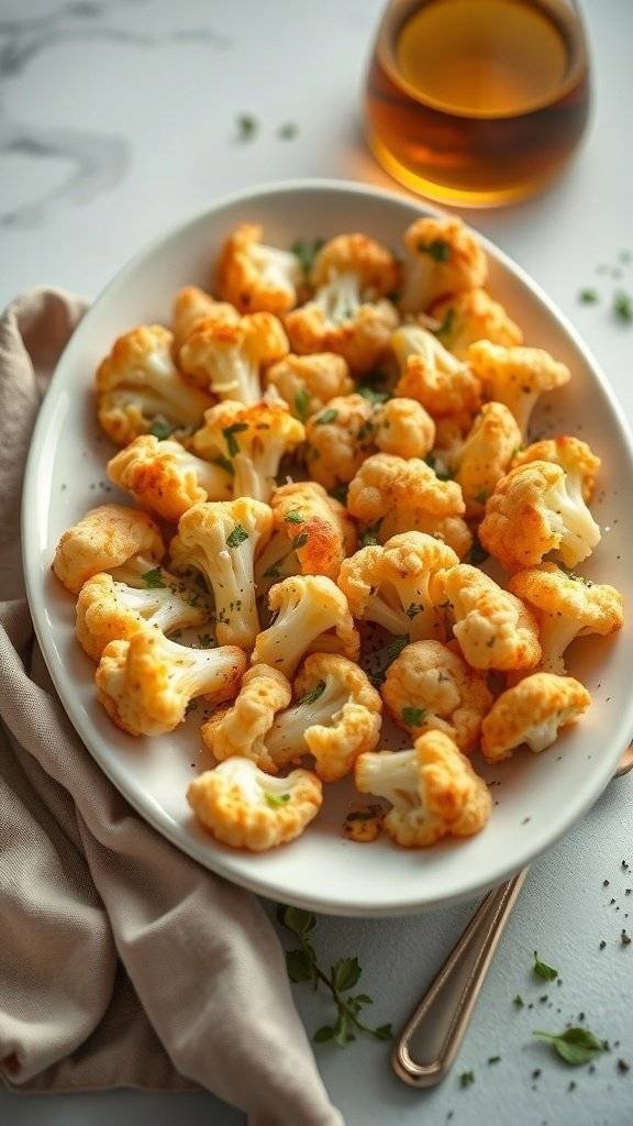 A platter of garlic parmesan roasted cauliflower florets, garnished with parsley, served with a drink.