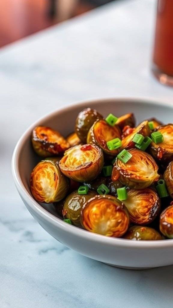 Bowl of honey-sriracha Brussels sprouts garnished with green onions