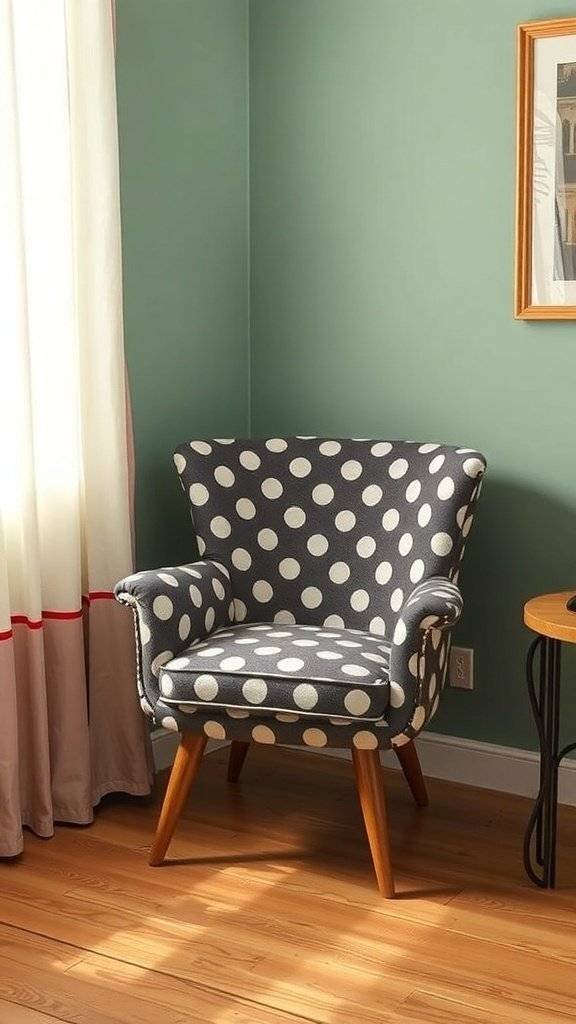 A stylish polka dot armchair in a green room with wooden flooring