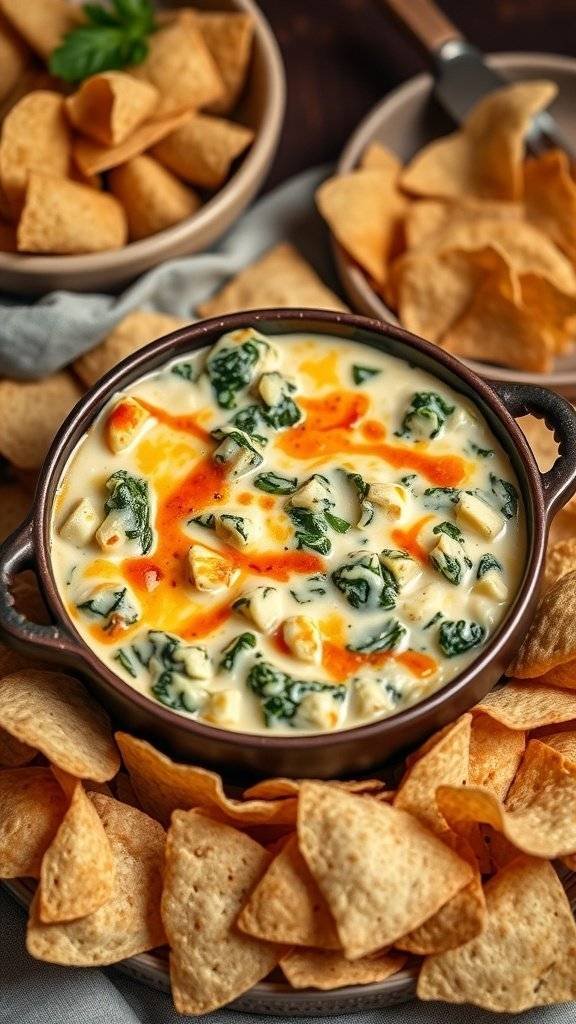 A bowl of creamy spinach and artichoke dip surrounded by crispy tortilla chips.