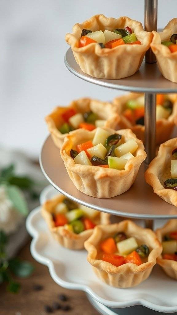 A tiered display of mini quiches filled with seasonal vegetables, showcasing a colorful and appetizing arrangement.