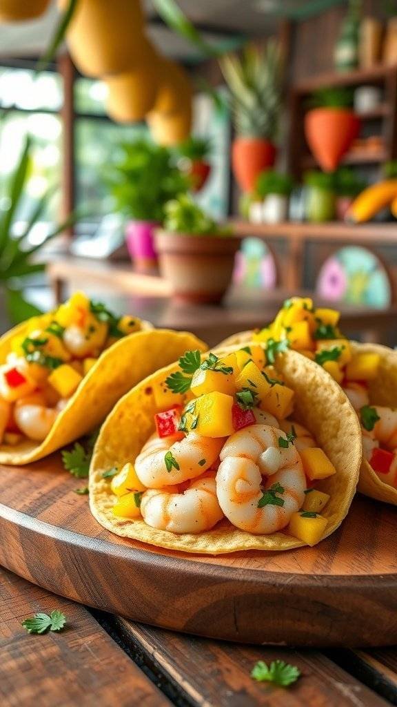 Shrimp tacos with mango salsa on a wooden platter, garnished with cilantro.