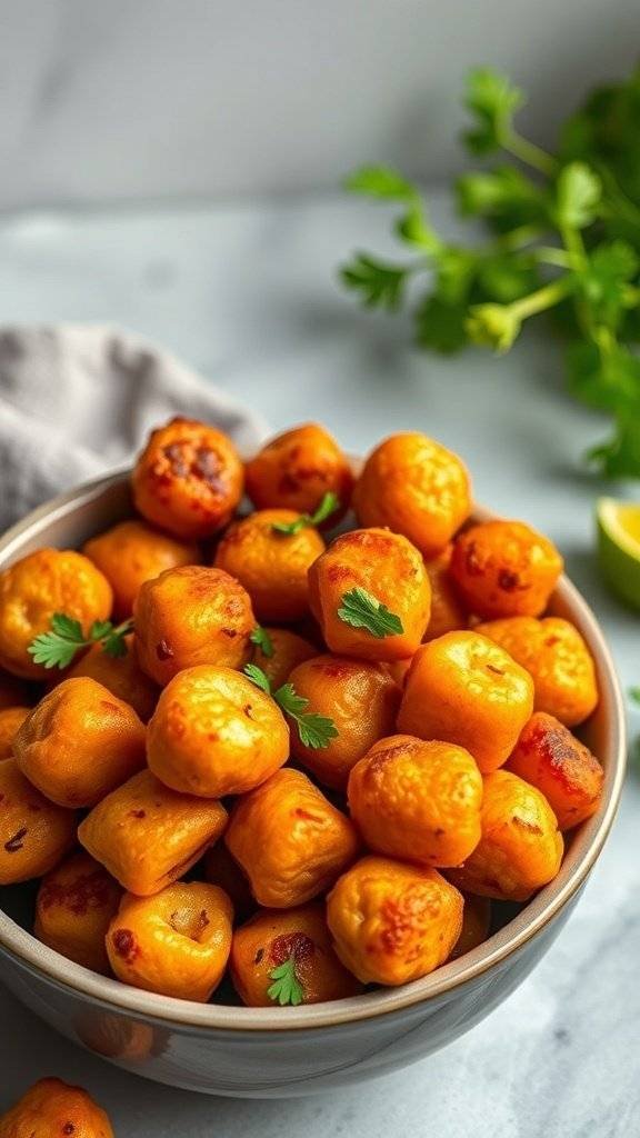 A bowl of roasted chickpea bites garnished with cilantro