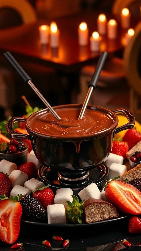 A pot of chocolate fondue surrounded by fresh fruits and marshmallows, set in a cozy atmosphere with candlelight.
