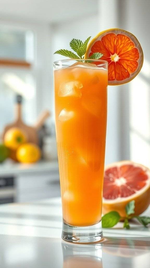 A refreshing glass of citrus detox juice with ice, garnished with a slice of orange and mint leaves.