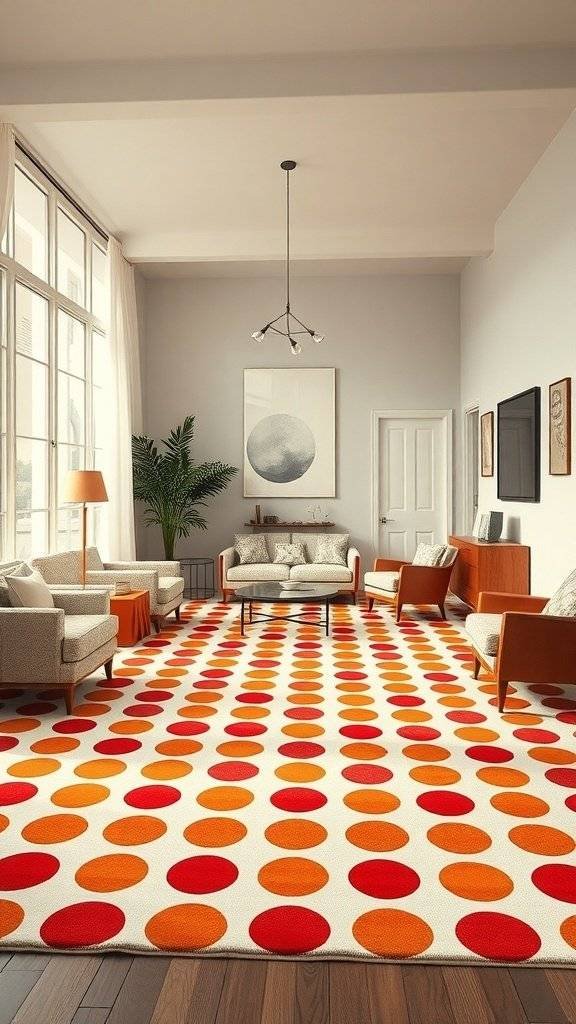 A living room featuring a large polka dot rug with red and orange dots, complemented by mid-century furniture and a bright, airy atmosphere.