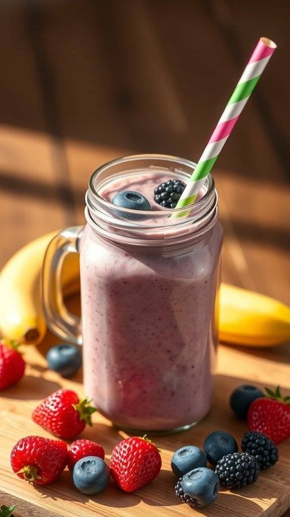 A colorful Berry Bliss Smoothie in a mason jar with a striped straw, surrounded by fresh berries and a banana.