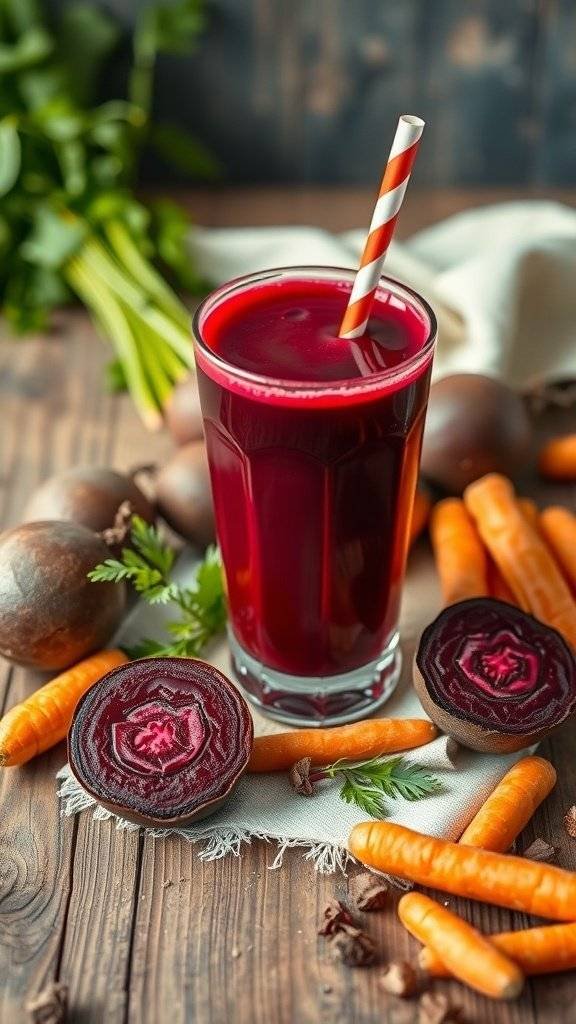 A glass of vibrant beet and carrot juice with a striped straw, surrounded by fresh beets and carrots on a wooden table.
